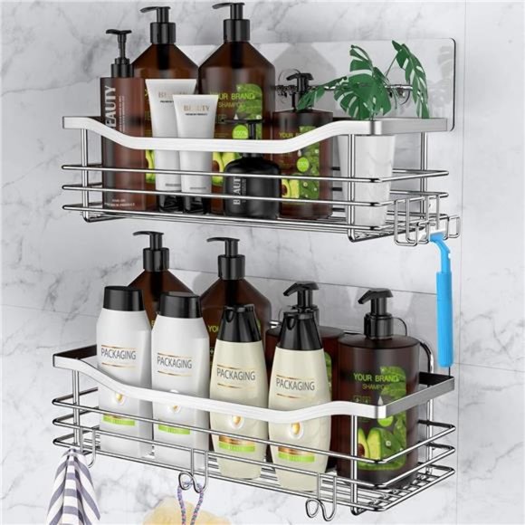 Shower Caddy Basket Shelf with 5 Hooks Adhesive Organizer Storage Rack Rustproof - Picture 1 of 7